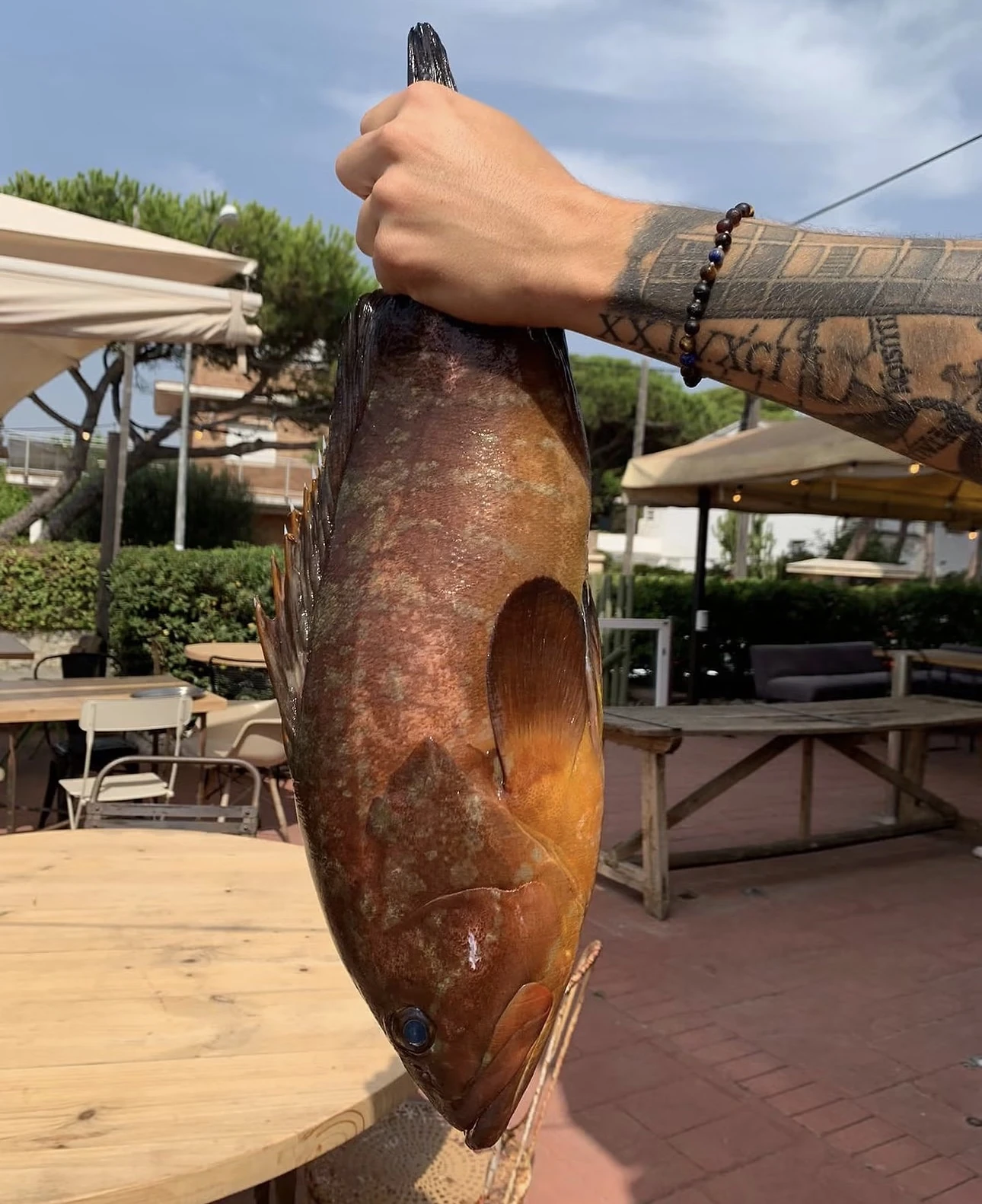 Pescado fresco de lonja sostenido por el cocinero